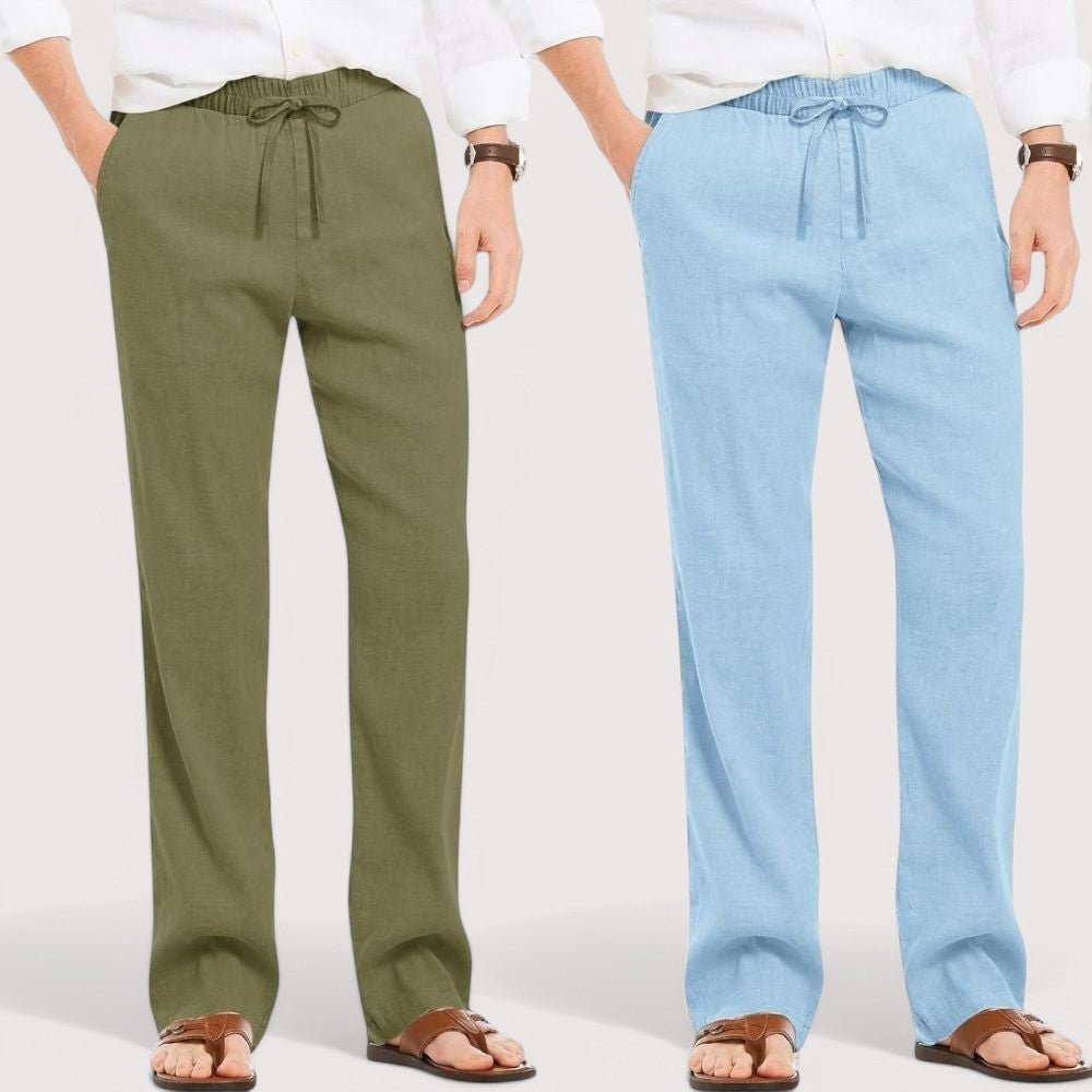 Combo of 2 Linen Loose Fit Men Pant Olive Green and Blue-49579
