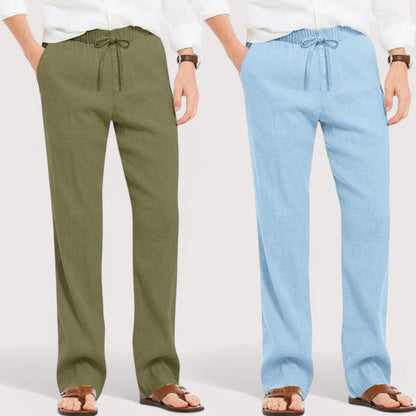 Combo of 2 Linen Loose Fit Men Pant Olive Green and Blue-49579