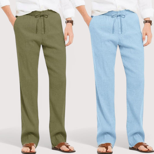 Combo of 2 Linen Loose Fit Men Pant Olive Green and Blue-49579
