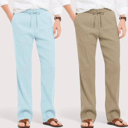 Combo of 2 Linen Loose Fit Men Pant Sky Blue and Beige-49556