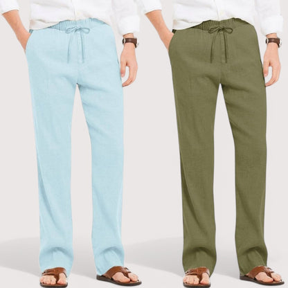 Combo of 2 Linen Loose Fit Men Pant Sky Blue and Olive Green-49545
