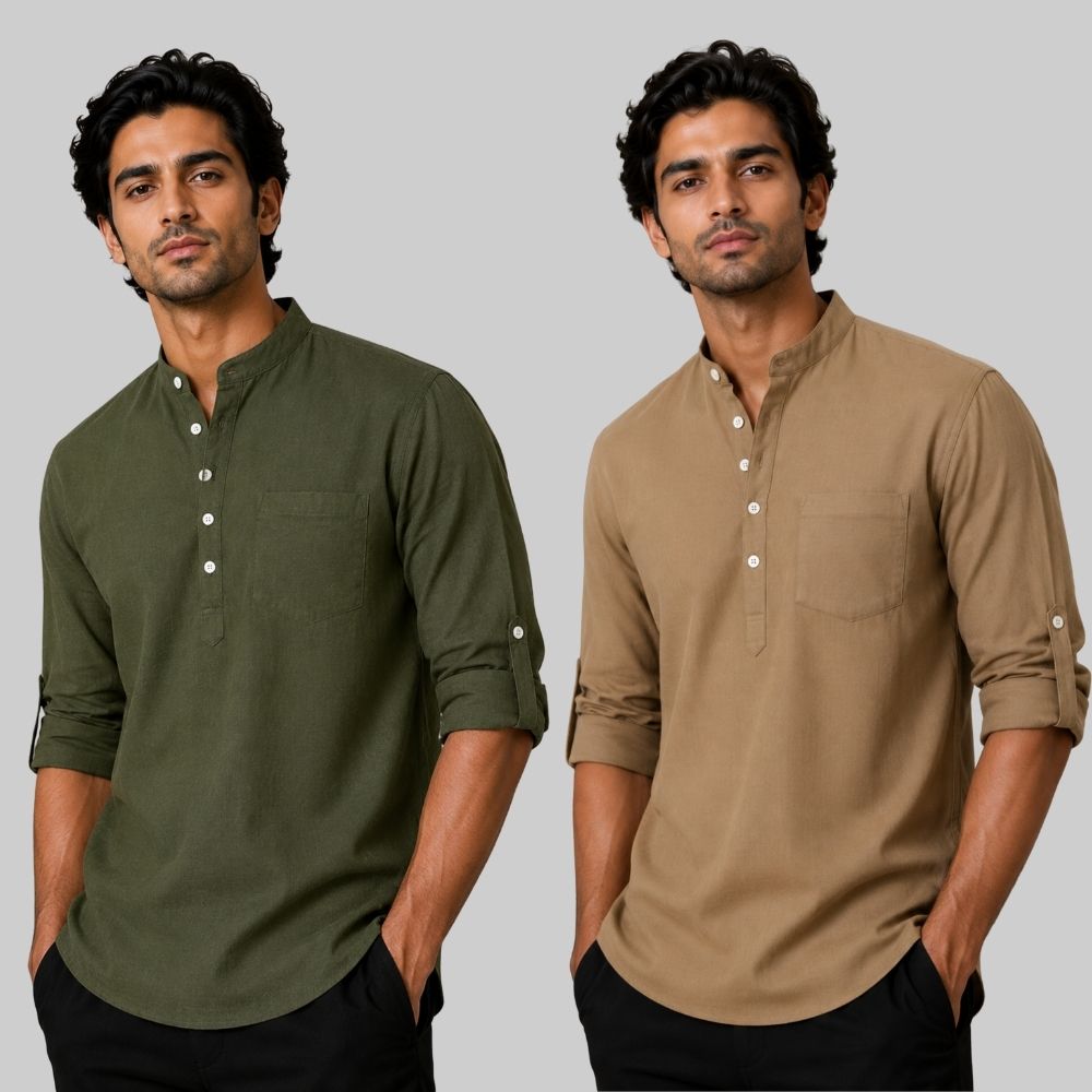 Combo of 2 Linen Solid Short Kurta Army Green and Brown-51099