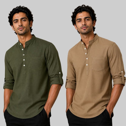 Combo of 2 Linen Solid Short Kurta Army Green and Brown-51099