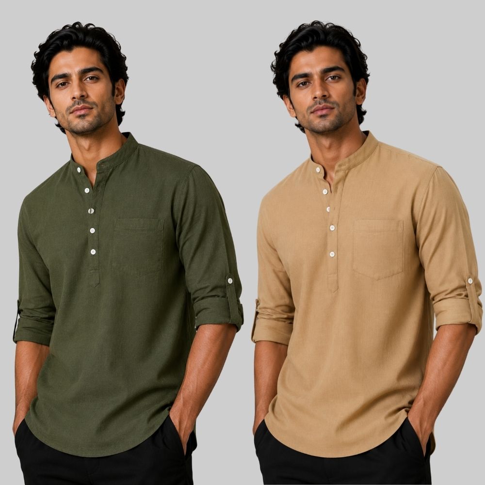 Combo of 2 Linen Solid Short Kurta Army Green and Dark Beige-51100