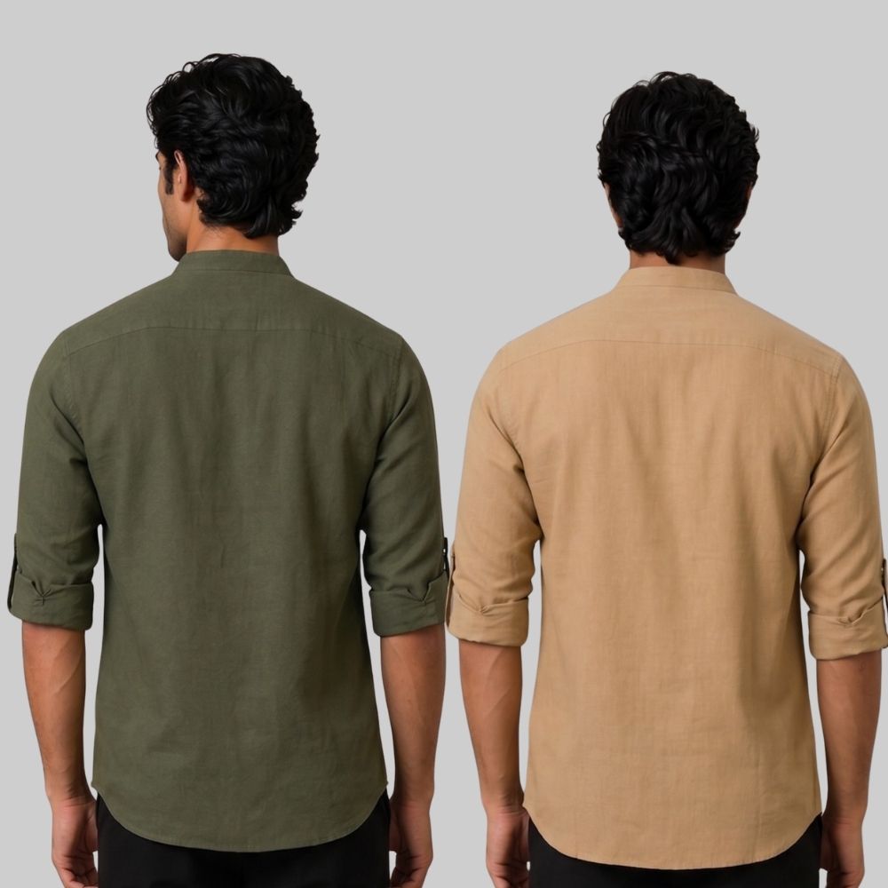 Combo of 2 Linen Solid Short Kurta Army Green and Dark Beige-51100