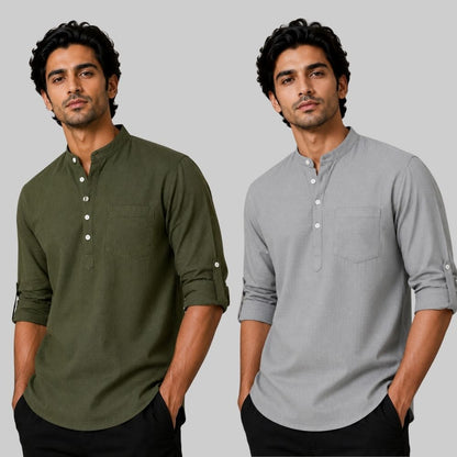 Combo of 2 Linen Solid Short Kurta Army Green and Off White-51101