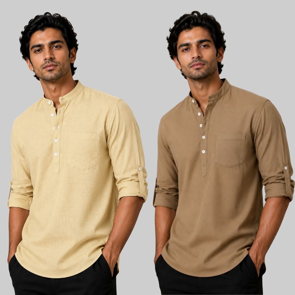 Combo of 2 Linen Solid Short Kurta Beige and Brown-51090
