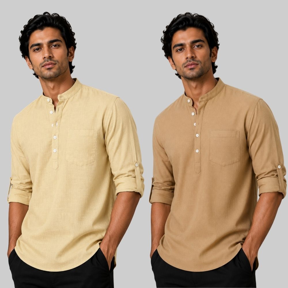 Combo of 2 Linen Solid Short Kurta Beige and Dark Beige-51091