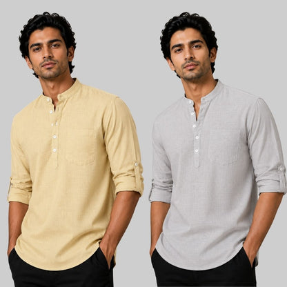 Combo of 2 Linen Solid Short Kurta Beige and Light Gray-51089