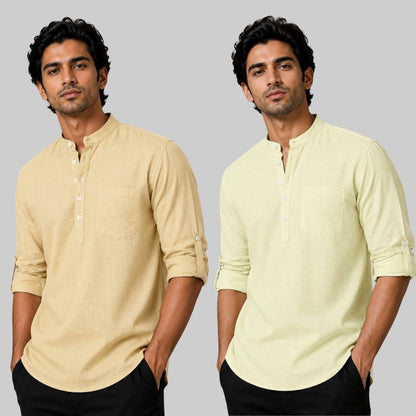 Combo of 2 Linen Solid Short Kurta Beige and Light Yellow-51087