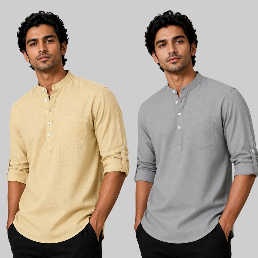 Combo of 2 Linen Solid Short Kurta Beige and Off White-51092