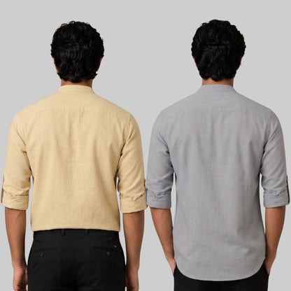 Combo of 2 Linen Solid Short Kurta Beige and Off White-51092