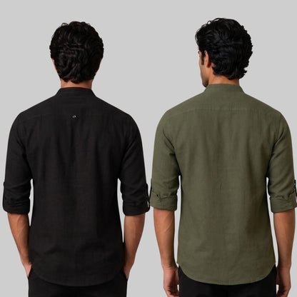 Combo of 2 Linen Solid Short Kurta Black and Army Green-51075