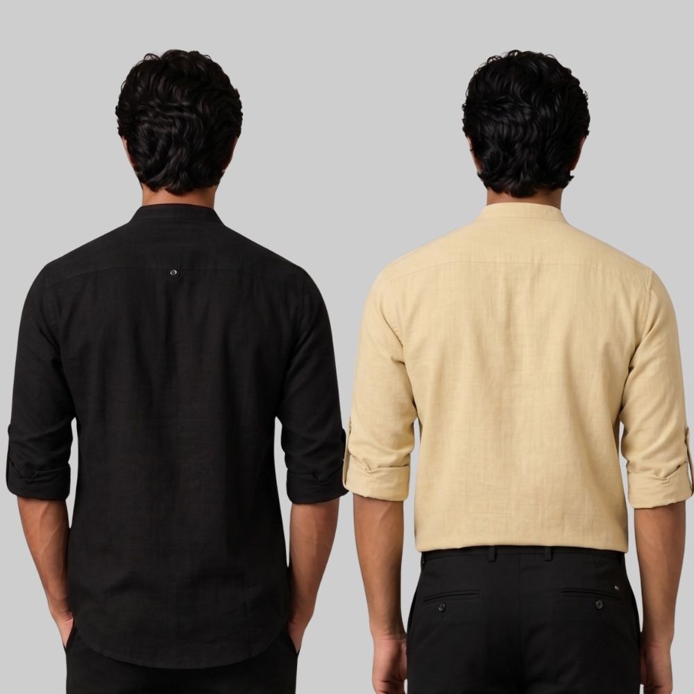 Combo of 2 Linen Solid Short Kurta Black and Beige-51073