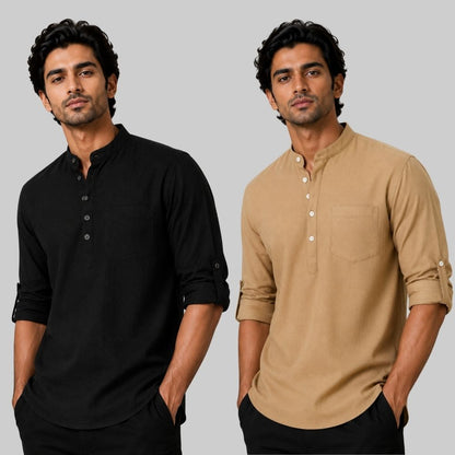 Combo of 2 Linen Solid Short Kurta Black and Dark Beige-51078