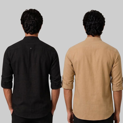 Combo of 2 Linen Solid Short Kurta Black and Dark Beige-51078