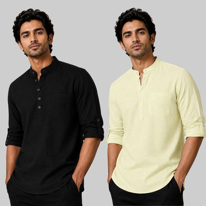 Combo of 2 Linen Solid Short Kurta Black and Light Yellow-51074