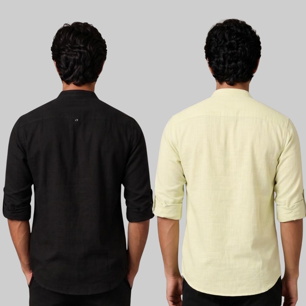 Combo of 2 Linen Solid Short Kurta Black and Light Yellow-51074
