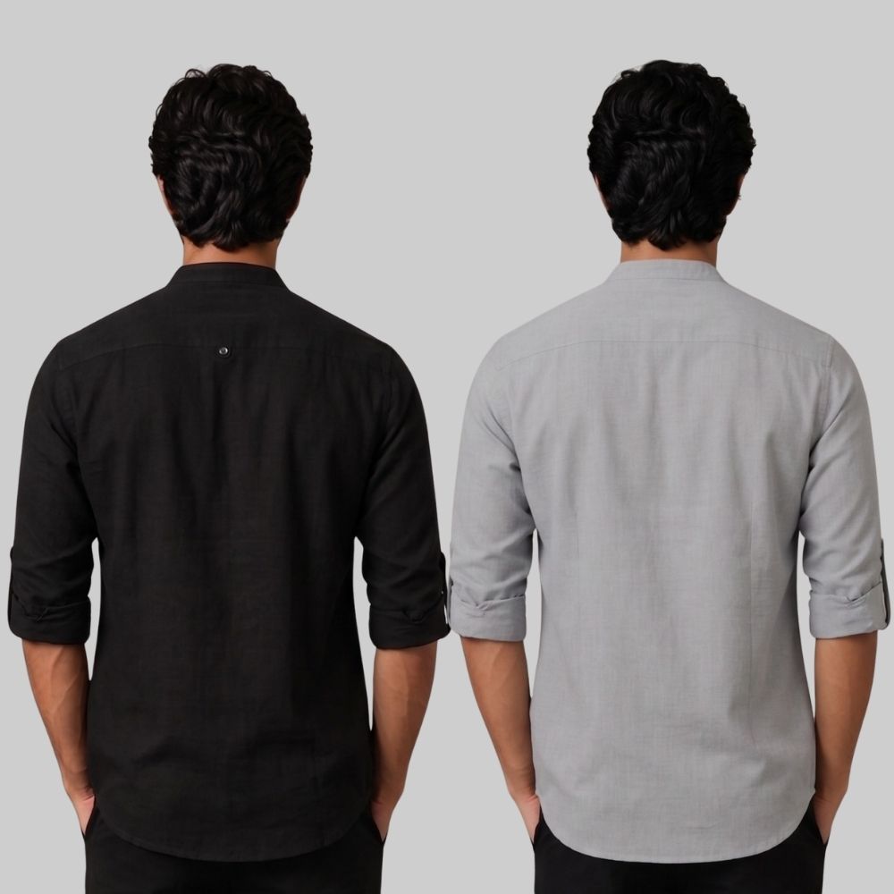 Combo of 2 Linen Solid Short Kurta Black and Off White-51079