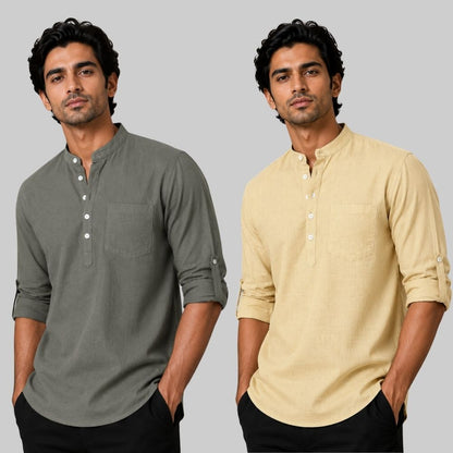 Combo of 2 Linen Solid Short Kurta Gray and Beige-51065