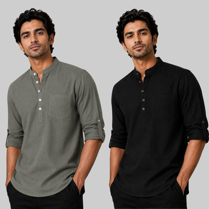 Combo of 2 Linen Solid Short Kurta Gray and Black-51063
