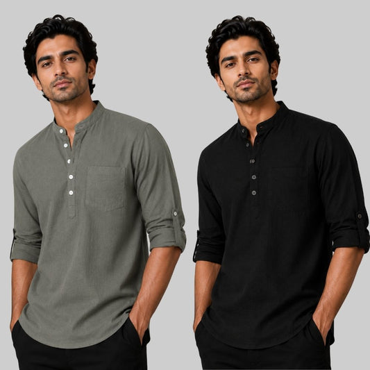 Combo of 2 Linen Solid Short Kurta Gray and Black-51063