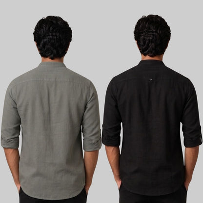 Combo of 2 Linen Solid Short Kurta Gray and Black-51063
