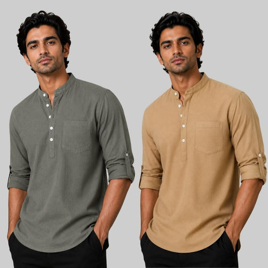 Combo of 2 Linen Solid Short Kurta Gray and Dark Beige-51070