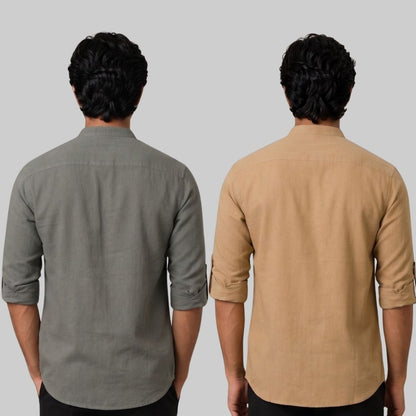 Combo of 2 Linen Solid Short Kurta Gray and Dark Beige-51070