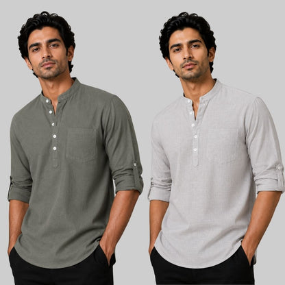 Combo of 2 Linen Solid Short Kurta Gray and Light Gray-51068