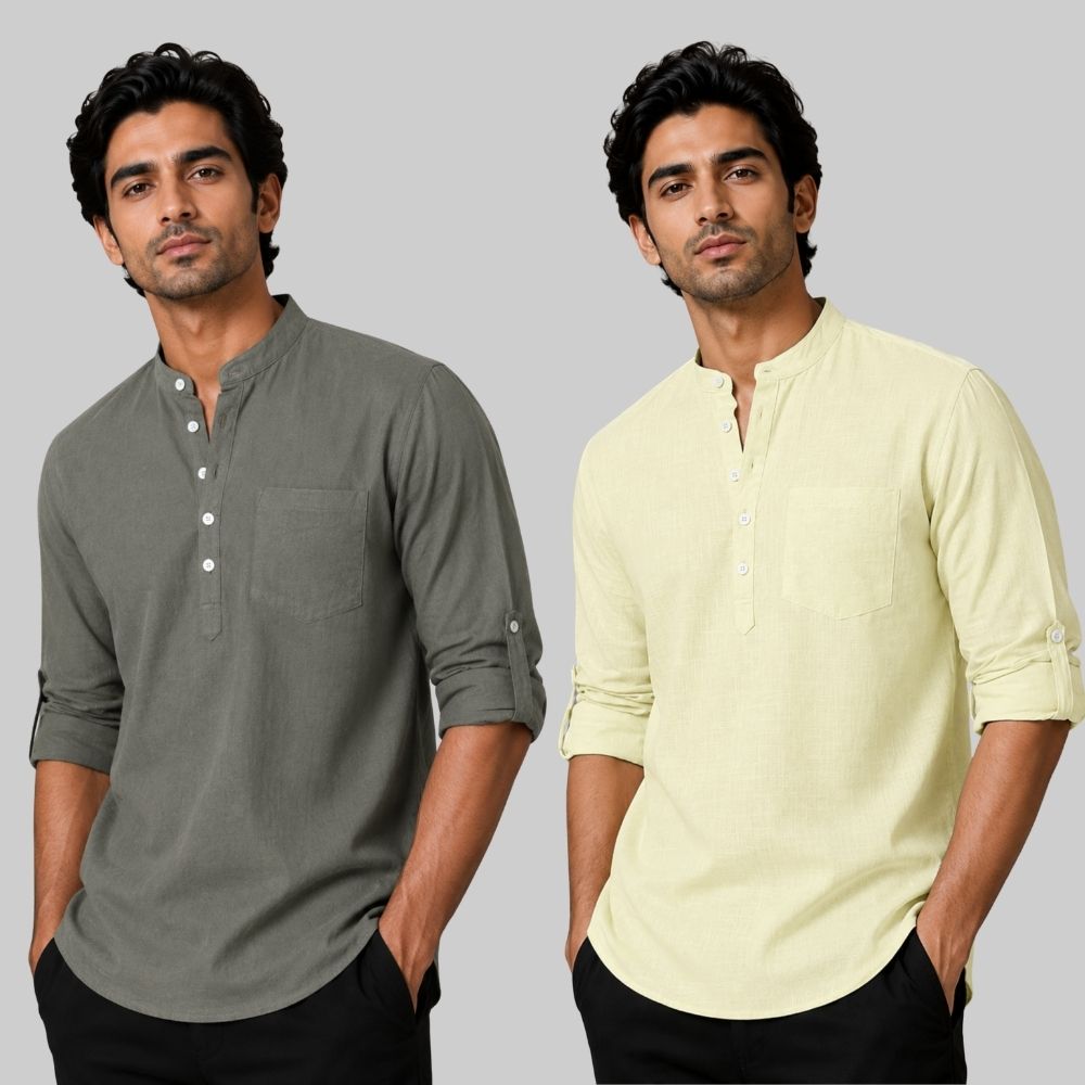 Combo of 2 Linen Solid Short Kurta Gray and Light Yellow-51066