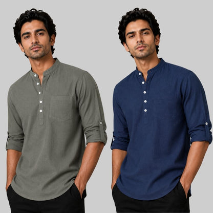 Combo of 2 Linen Solid Short Kurta Gray and Navy Blue-51064