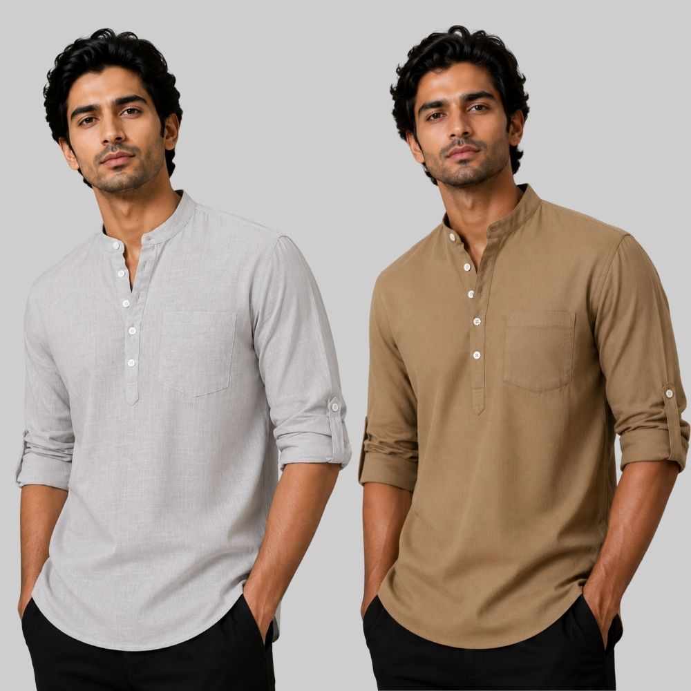 Combo of 2 Linen Solid Short Kurta Light Gray and Brown-51102