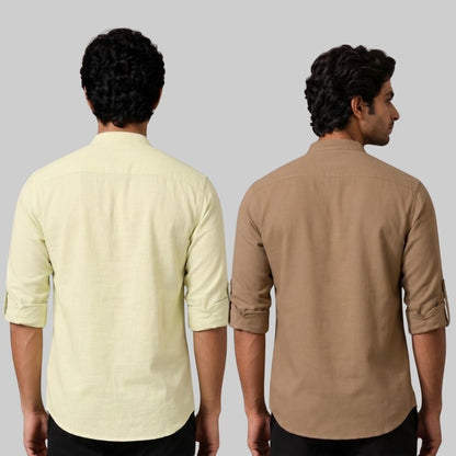 Combo of 2 Linen Solid Short Kurta Light Yellow and Brown-51095