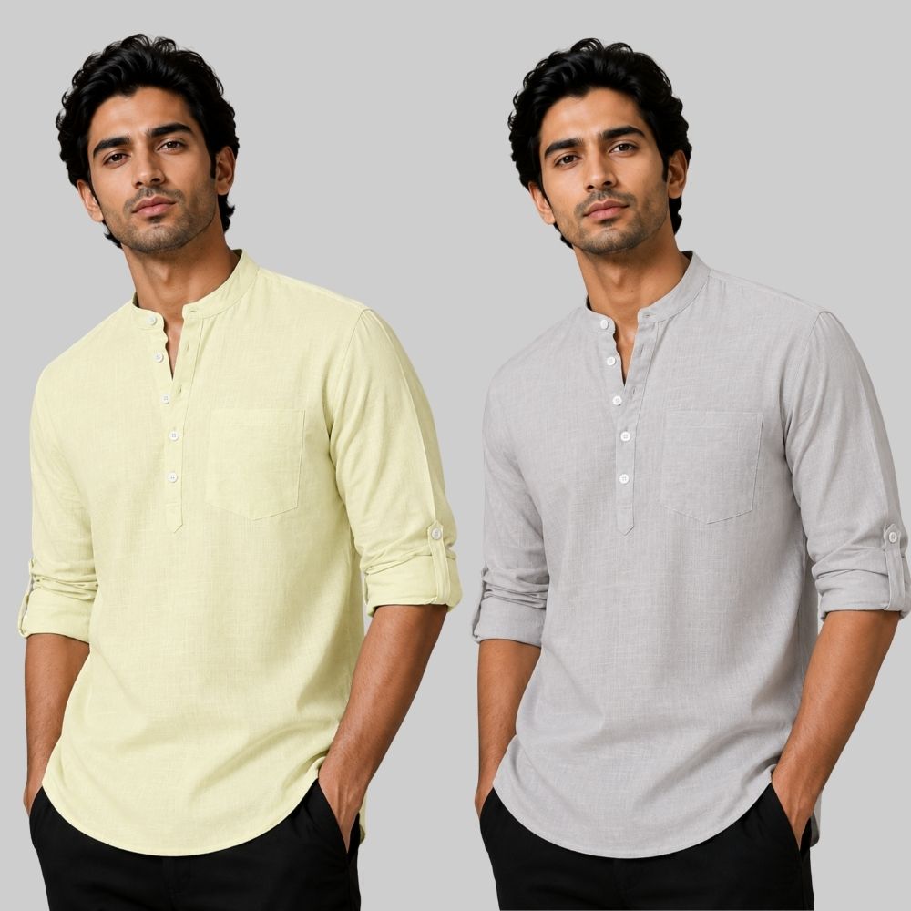 Combo of 2 Linen Solid Short Kurta Light Yellow and Light Gray-51094