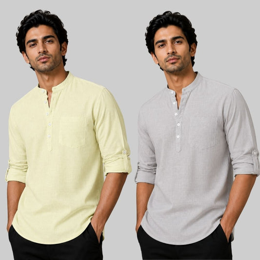 Combo of 2 Linen Solid Short Kurta Light Yellow and Light Gray-51094