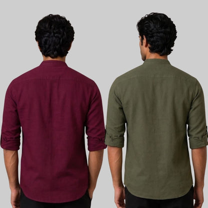 Combo of 2 Linen Solid Short Kurta Maroon and Army Green-51058