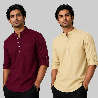 Combo of 2 Linen Solid Short Kurta Maroon and Beige-51056