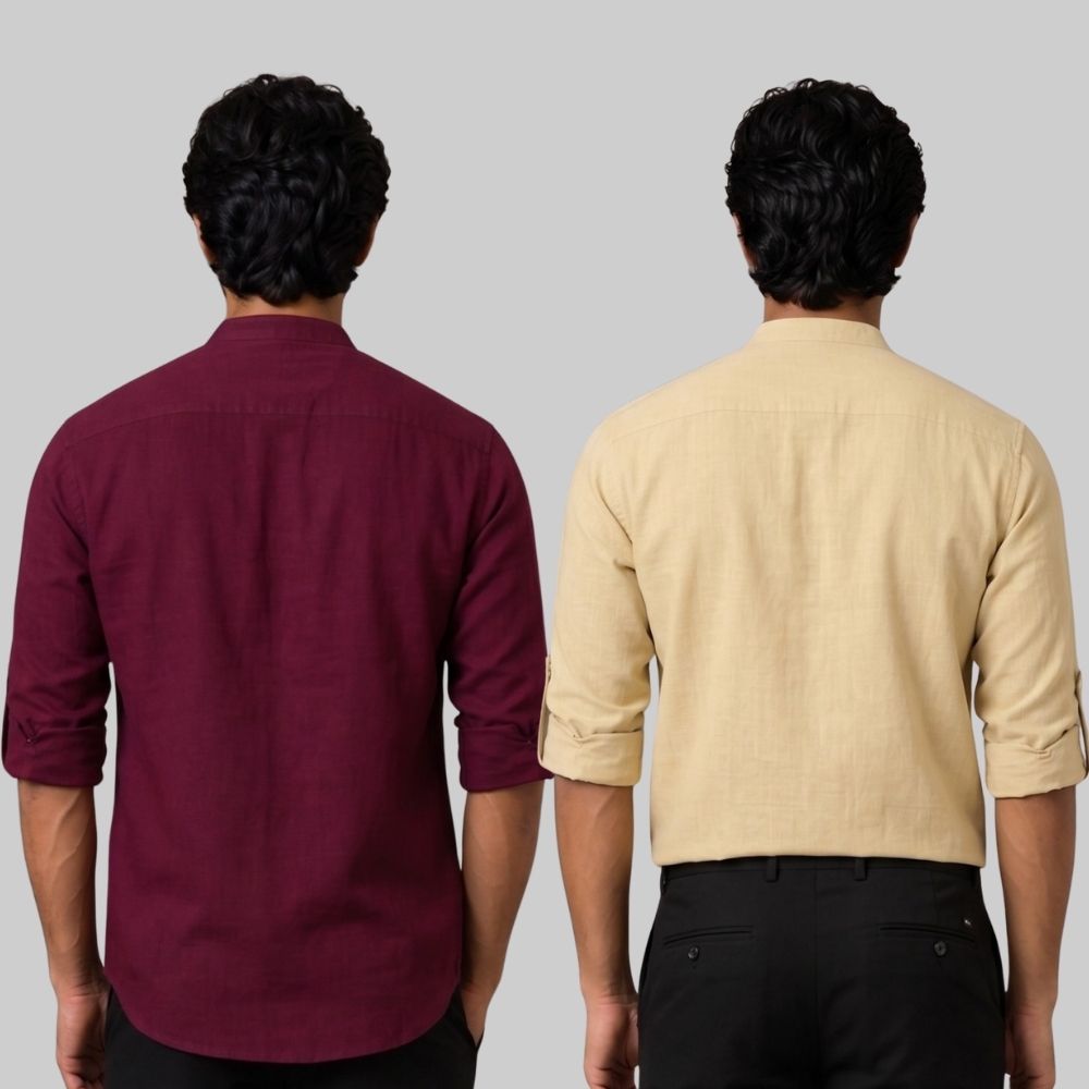 Combo of 2 Linen Solid Short Kurta Maroon and Beige-51056