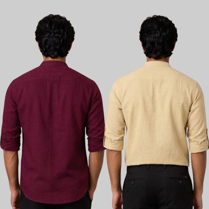 Combo of 2 Linen Solid Short Kurta Maroon and Beige-51056