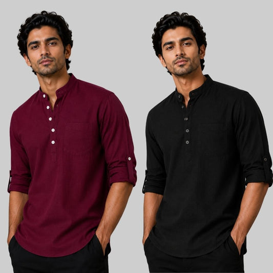 Combo of 2 Linen Solid Short Kurta Maroon and Black-51054