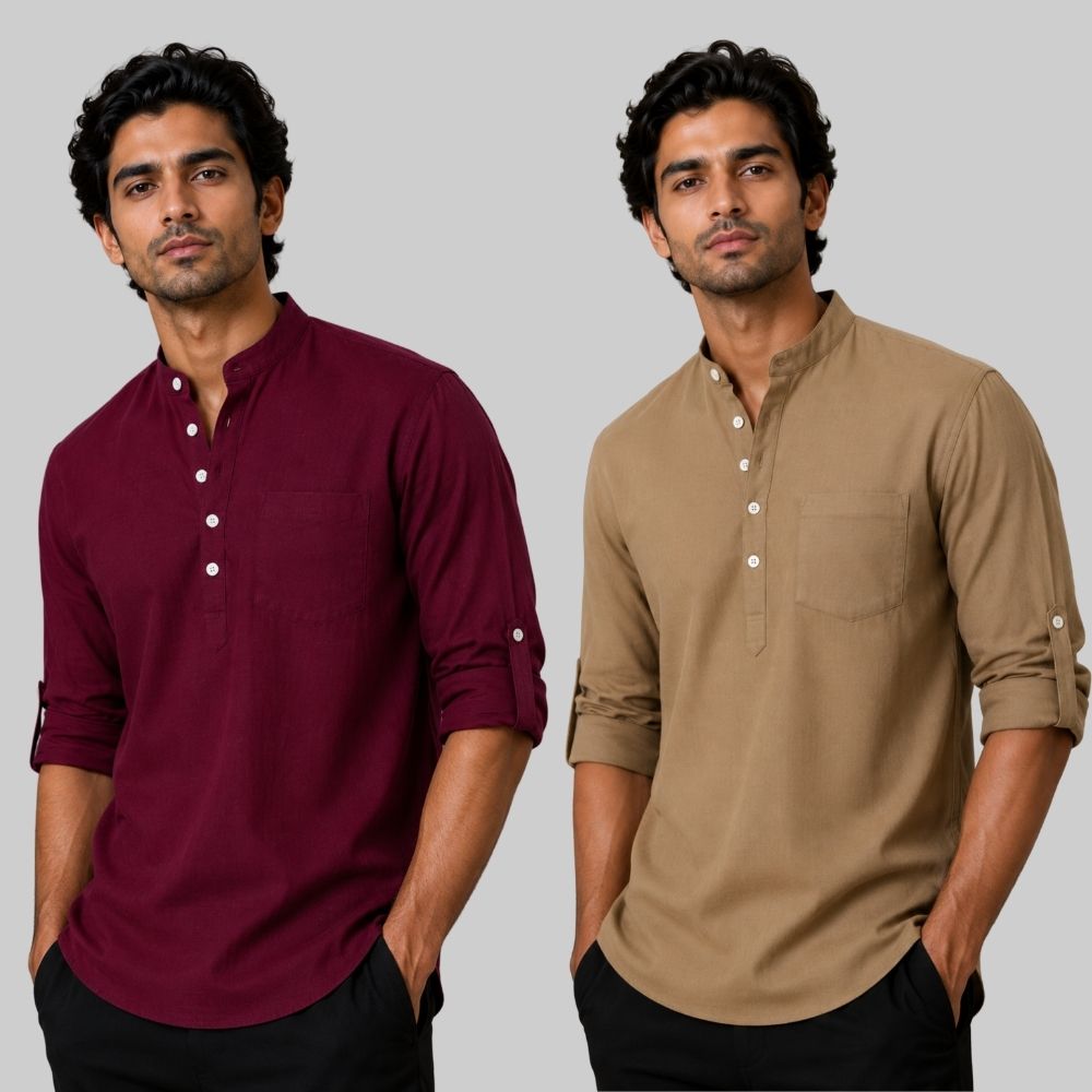 Combo of 2 Linen Solid Short Kurta Maroon and Brown-51060