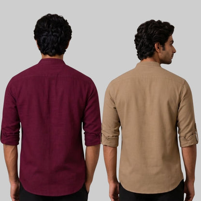 Combo of 2 Linen Solid Short Kurta Maroon and Brown-51060