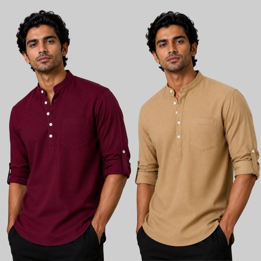 Combo of 2 Linen Solid Short Kurta Maroon and Dark Beige-51061