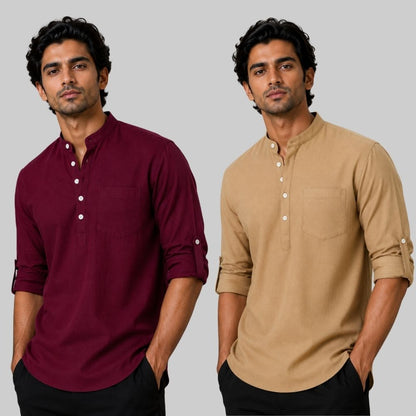 Combo of 2 Linen Solid Short Kurta Maroon and Dark Beige-51061