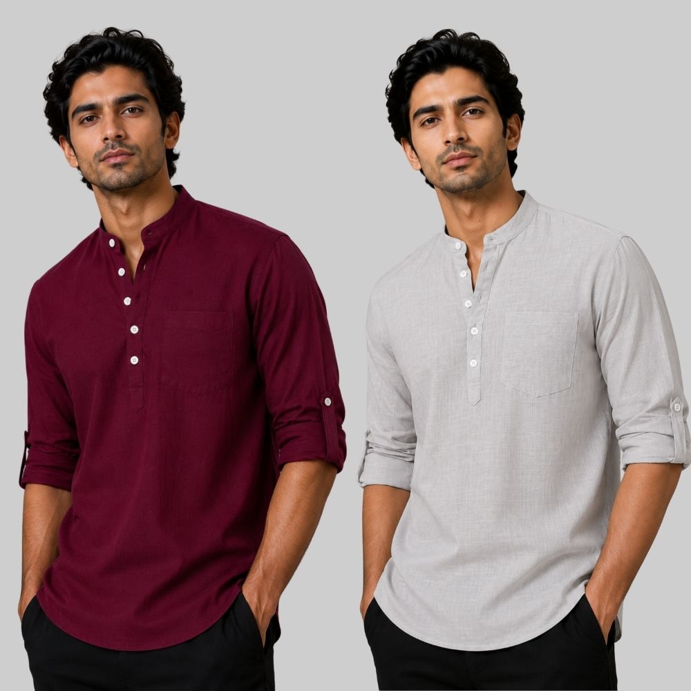 Combo of 2 Linen Solid Short Kurta Maroon and Light Gray-51059