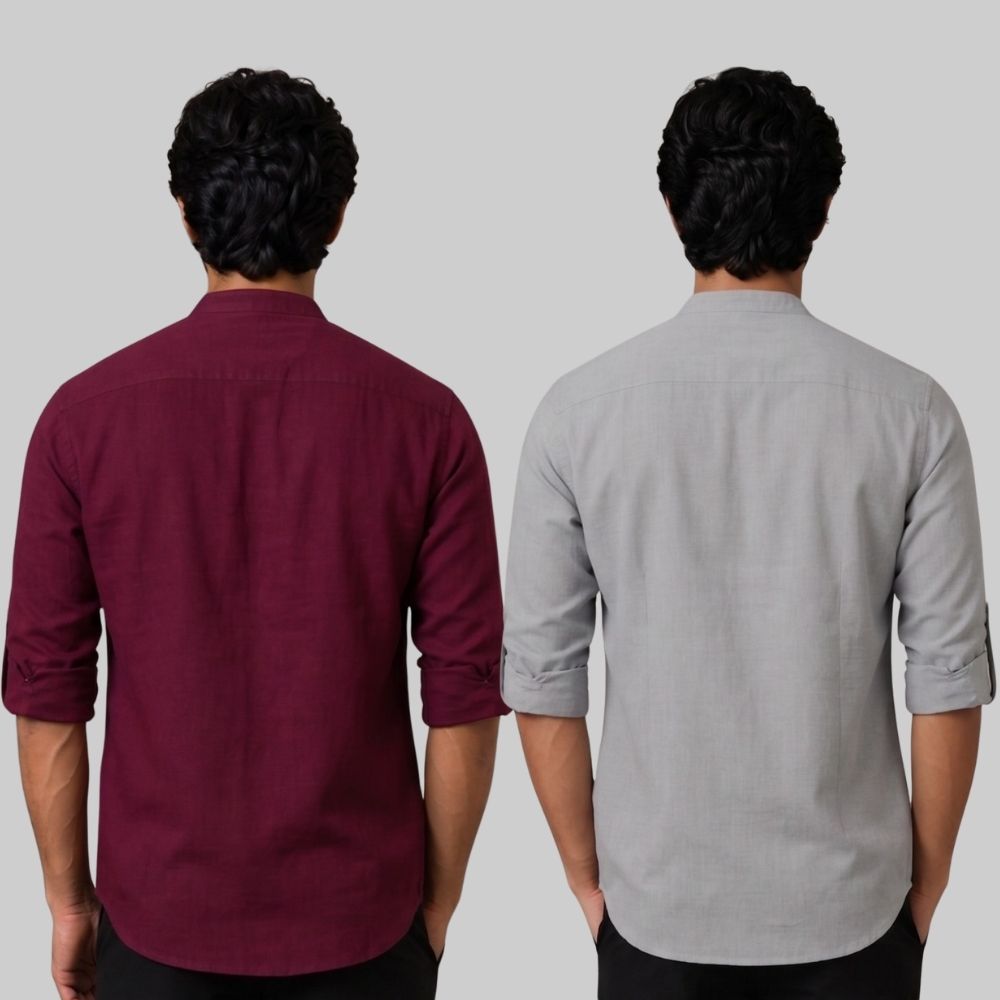Combo of 2 Linen Solid Short Kurta Maroon and Off White-51062