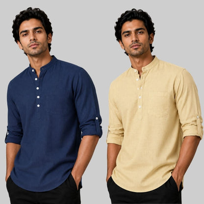 Combo of 2 Linen Solid Short Kurta Navy Blue and Beige-51080