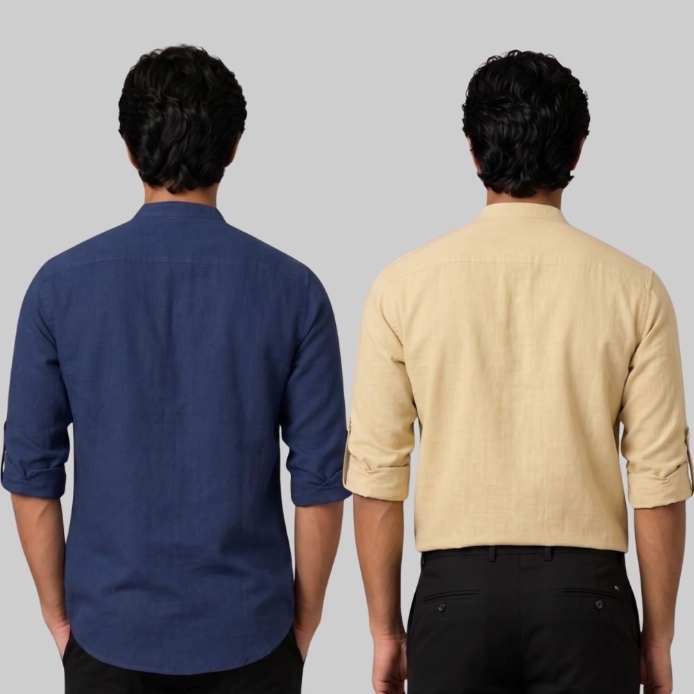Combo of 2 Linen Solid Short Kurta Navy Blue and Beige-51080
