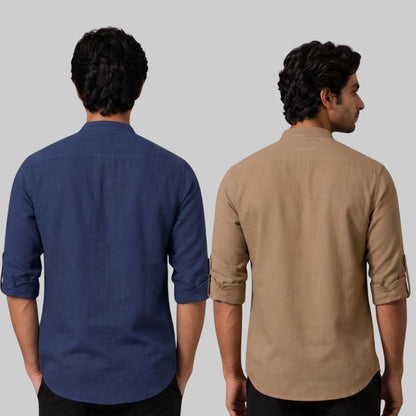 Combo of 2 Linen Solid Short Kurta Navy Blue and Brown-51084